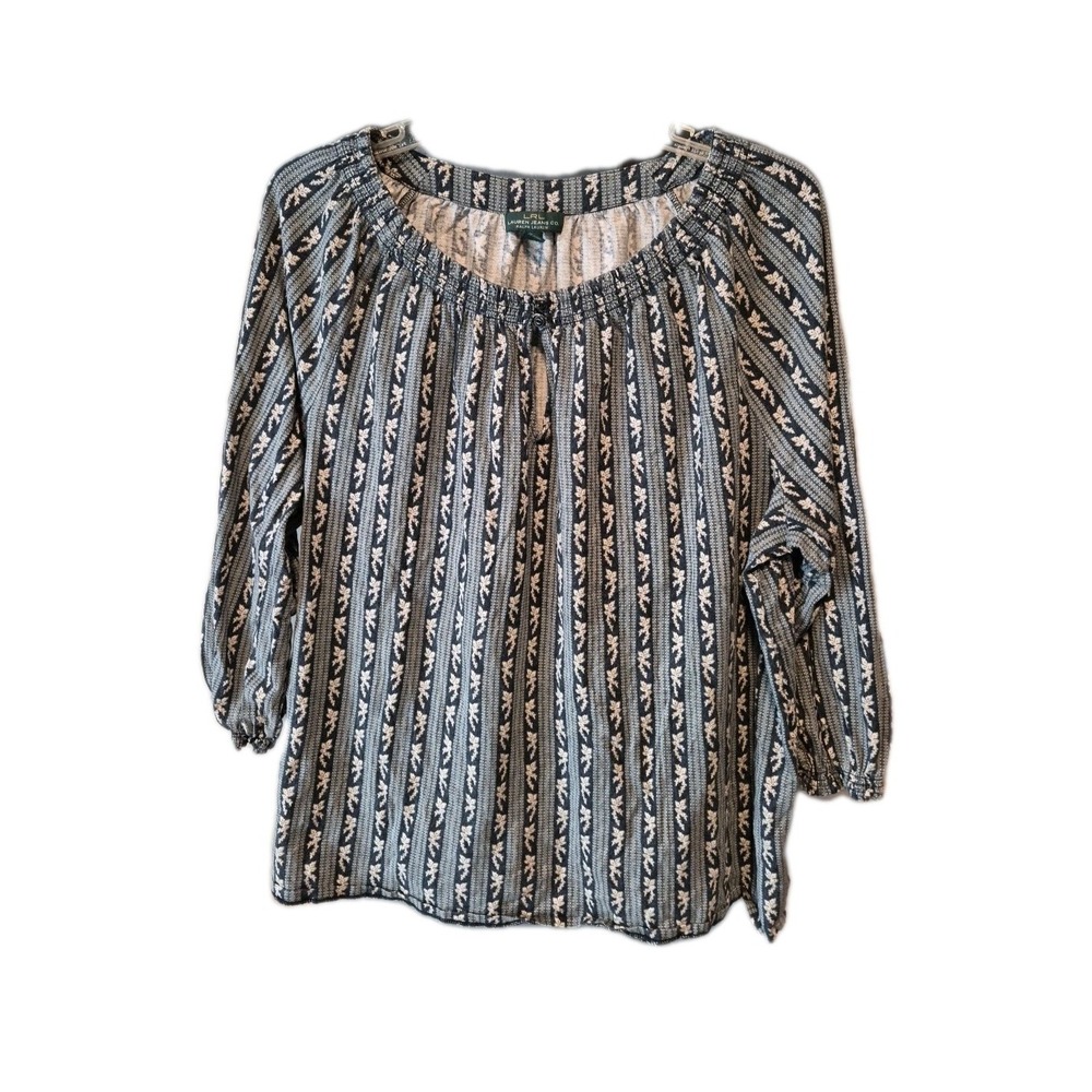 Lauren Ralph Lauren Top 1XL Blue Floral Ruffle Neckline Boho Cottagecore LRL XL